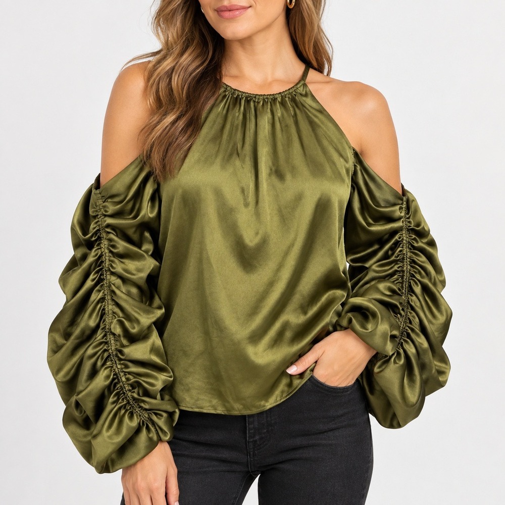 AMUR Olive Green Satin Ruched Sleeve Halter Blouse Recycled Polyester Top